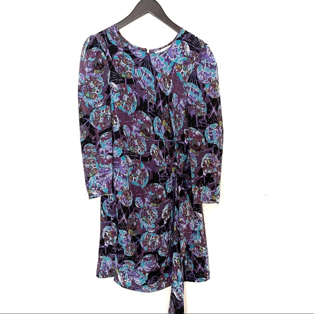 Hunter Dixon Printed Silk Dress Purple Blue Puff Sleeves Size 6